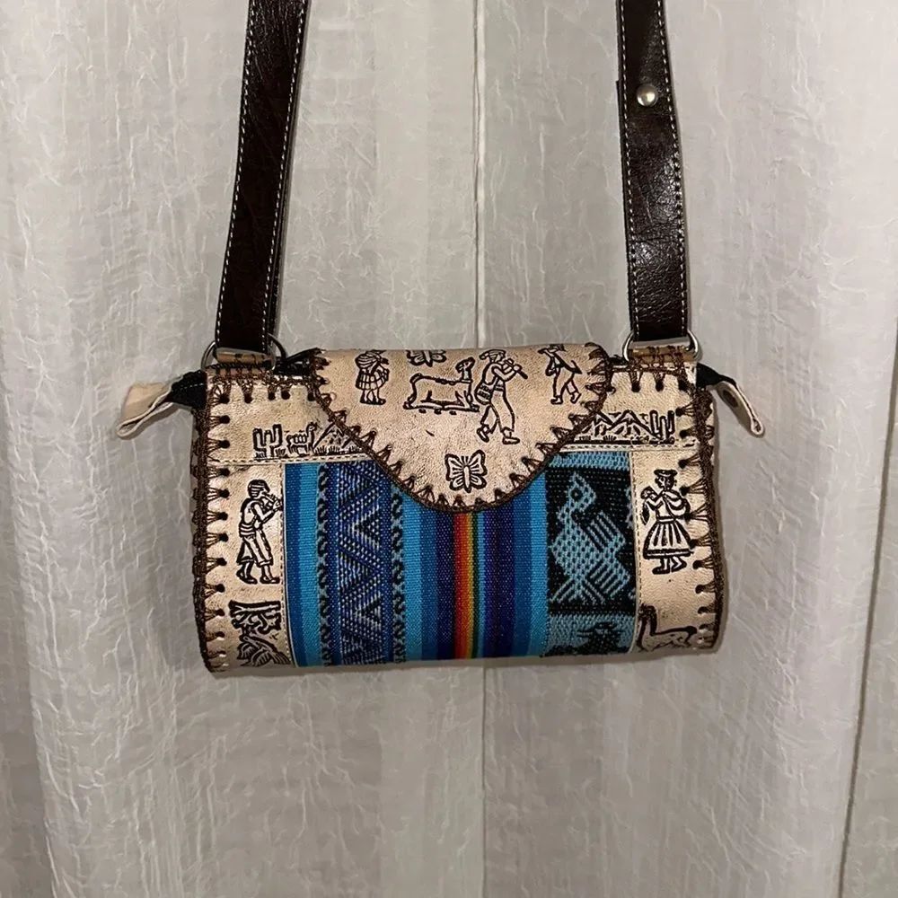 Peruvian Genuine Tooled Graphic Leather Stripe Mini Crossbody Bag